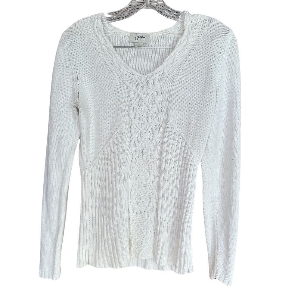 Ann Taylor Loft White Long Sleeve Sweater Ribbed Waist V-Neck Size Small